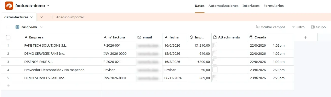 Registro automático de facturas procesadas en la base de datos de Airtable