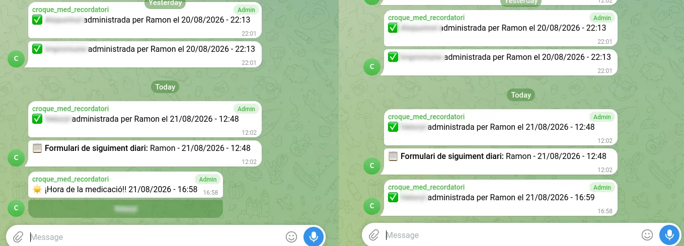 Vista de los mensajes y botones de confirmación en Telegram